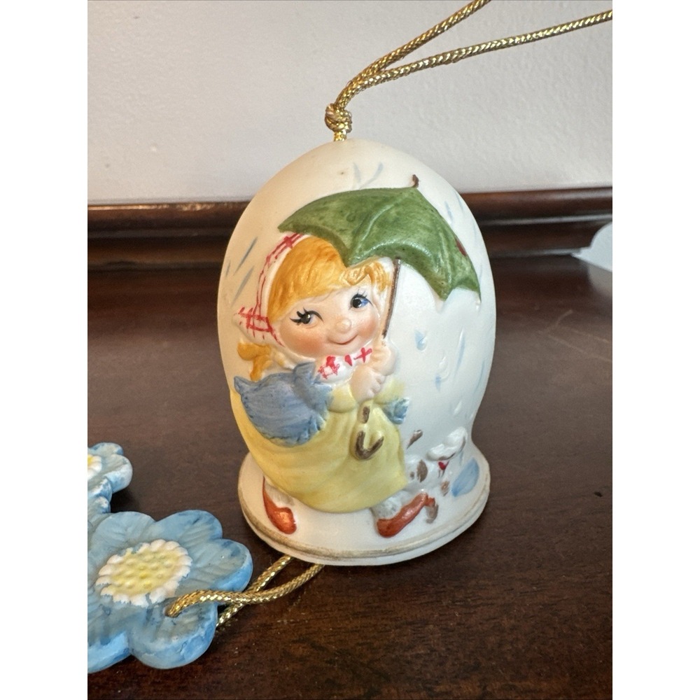 8" Vintage Jasco 1981 Ornament Porcelain Bell Girl Umbrella Rain Puppy  Puddle